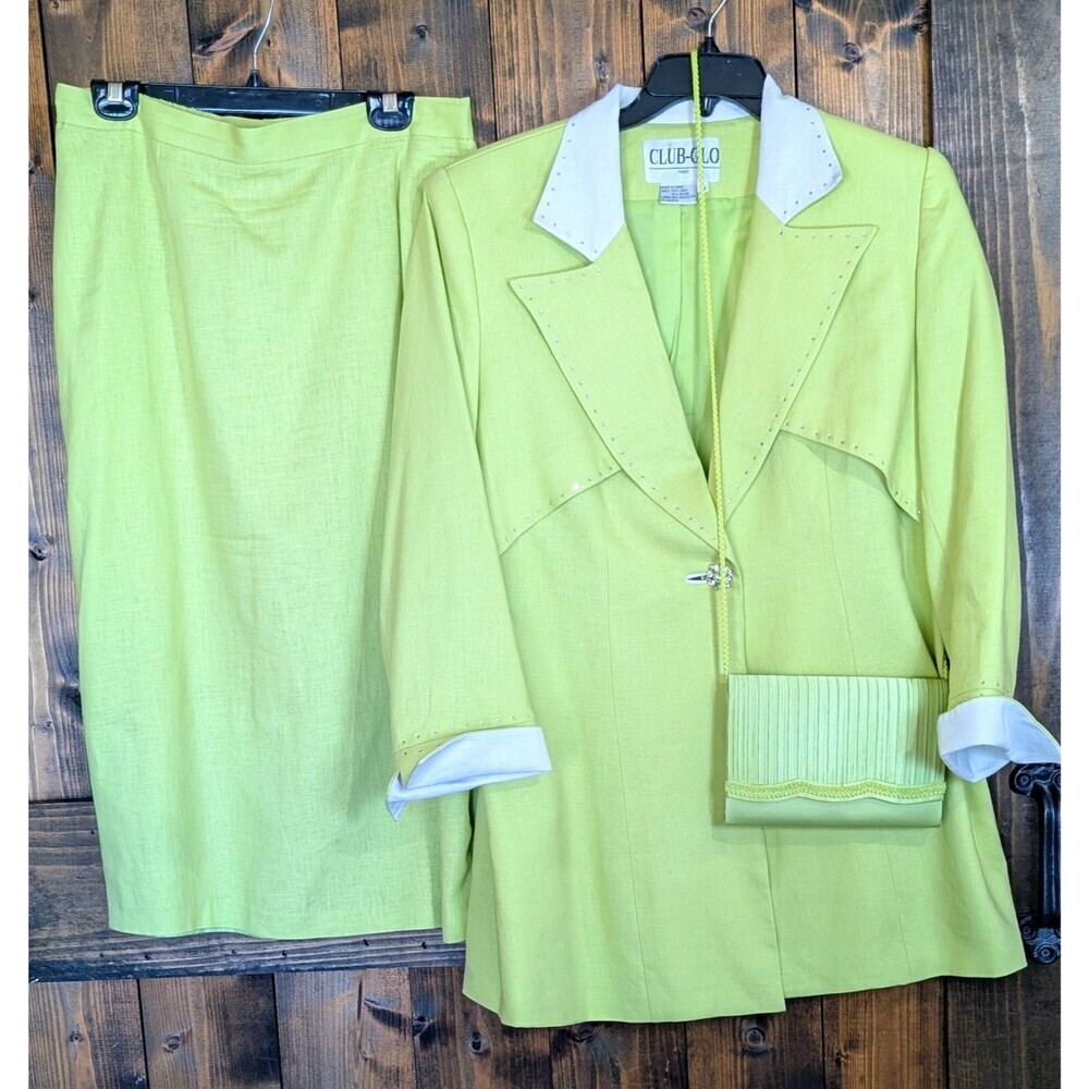 CLUB-GLO Paris Vintage 90s Lime Green Linen Skirt Suit & Bag Fits 10/12